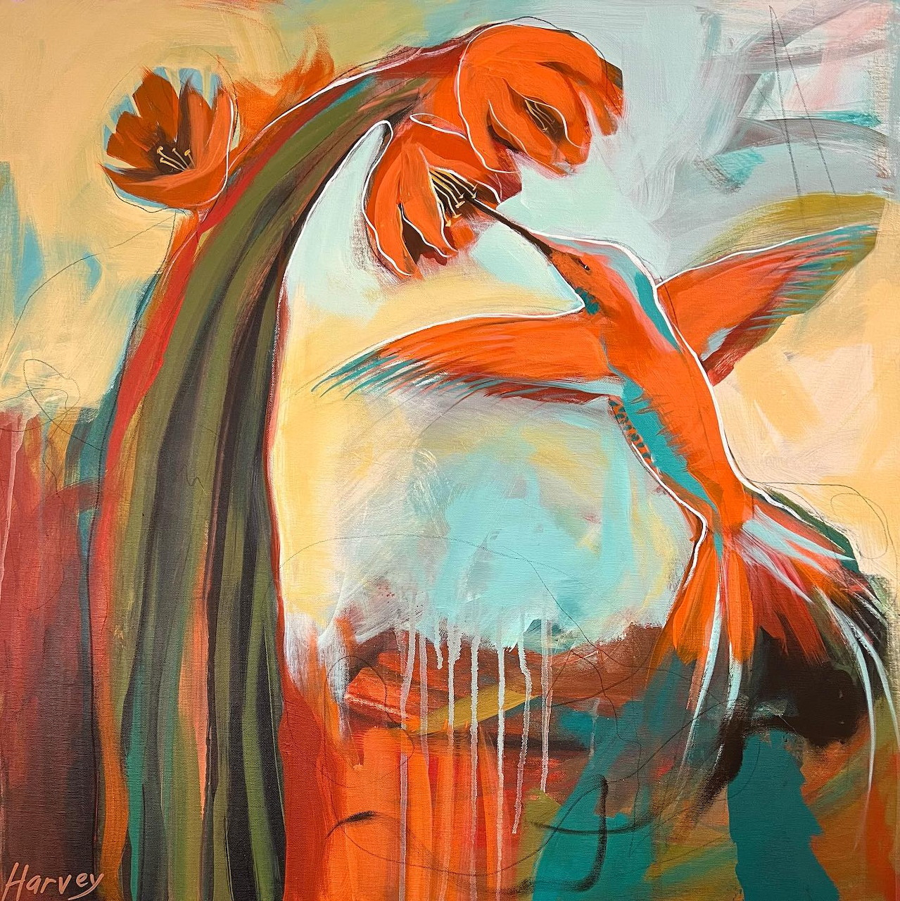 Abstract painting of orange hummingbird approaching curved flower stem with turquoise and orange brushstrokes