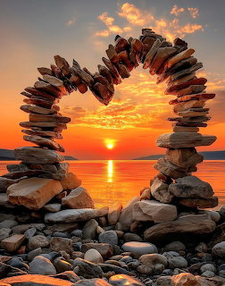 Stacked stone arch framing a sunset over calm water and rocky shore