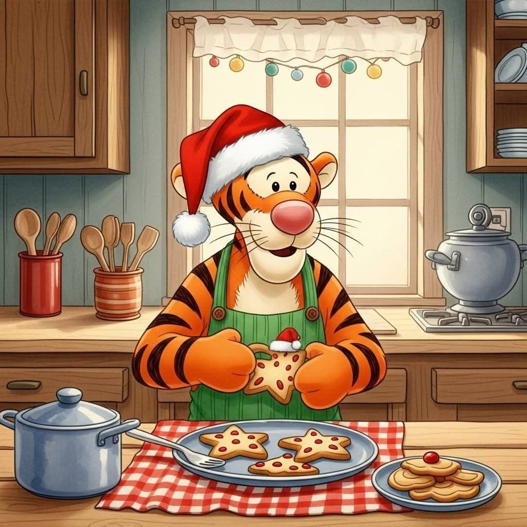 Cartoon tiger in Santa hat decorating Christmas cookies at kitchen counter