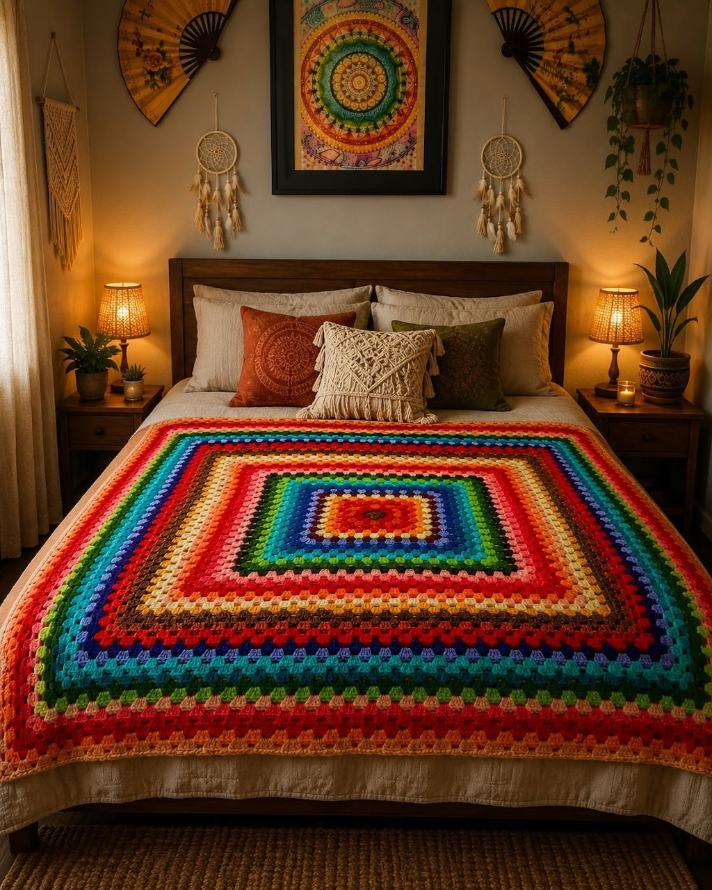 Bedroom with colorful rainbow crochet blanket and bohemian wall decor