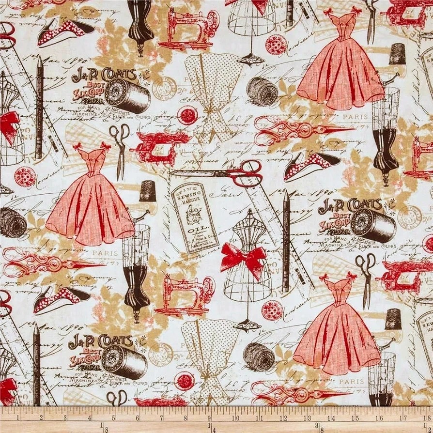 Vintage sewing pattern with pink dresses, scissors, thread, needles, and fashion sketches
