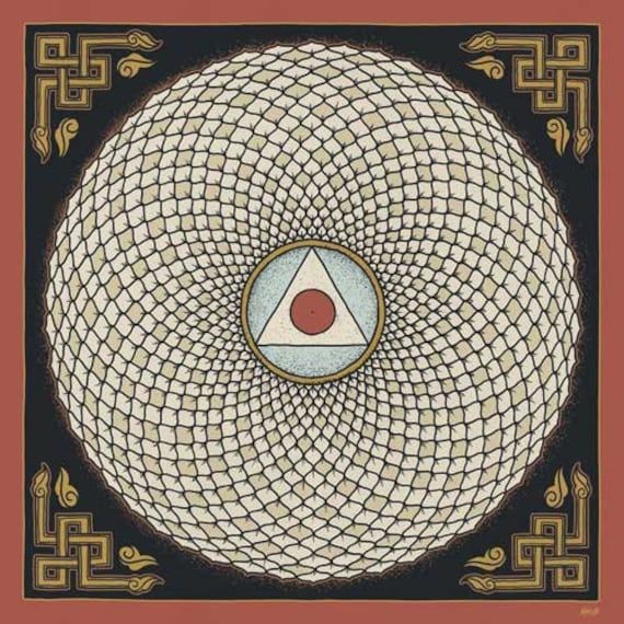 Circular geometric mandala with intricate radial pattern and central triangle on dark background with golden corner ornaments