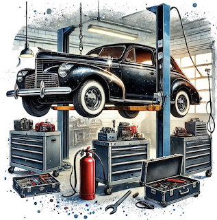 Illustration of a vintage black car on a lift in an auto repair garage with tools and equipment