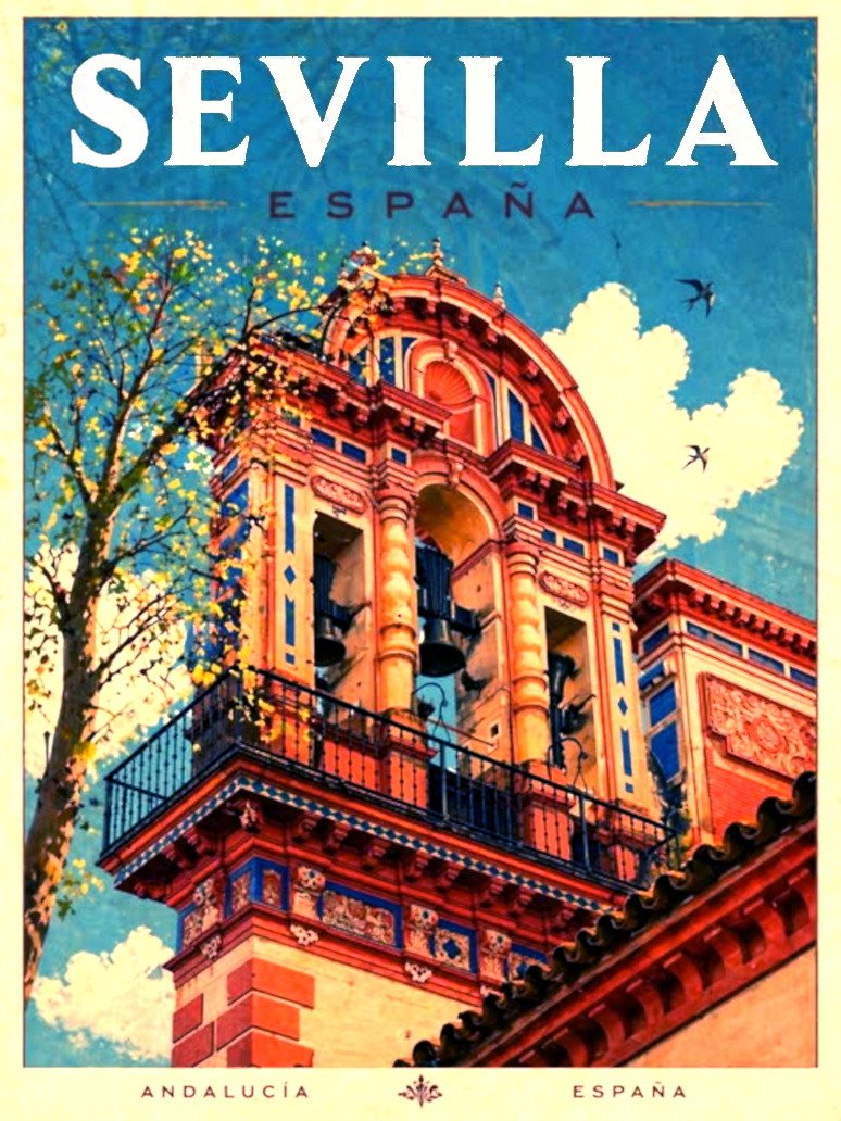 Vintage travel poster of Sevilla España showing ornate church facade with colorful architecture and birds in blue sky