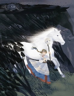 Illustration of a girl in a blue skirt running beside a white horse through dark vegetation at night