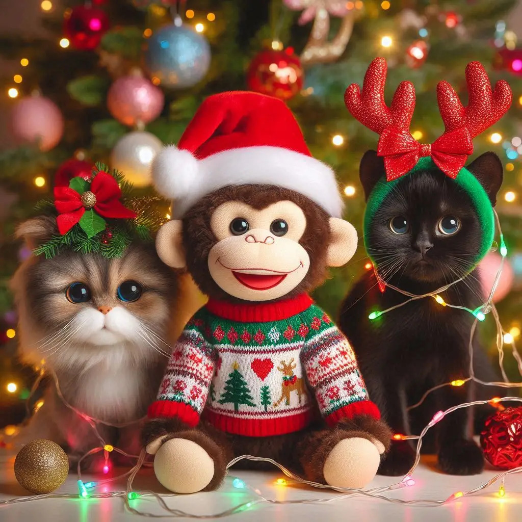 Plush monkey in Santa hat with two kittens in Christmas costumes before a decorated tree with bokeh lights