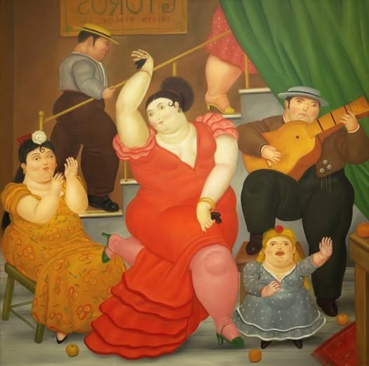 Botero painting of plump dancers and musicians in warm, vibrant colors with characteristic exaggerated proportions
