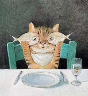 Illustrated orange cat holding two fish over its eyes at dinner table with empty plate and small fishbowl