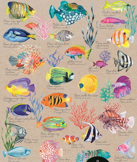 Collection of illustrated tropical fish species with coral on beige background