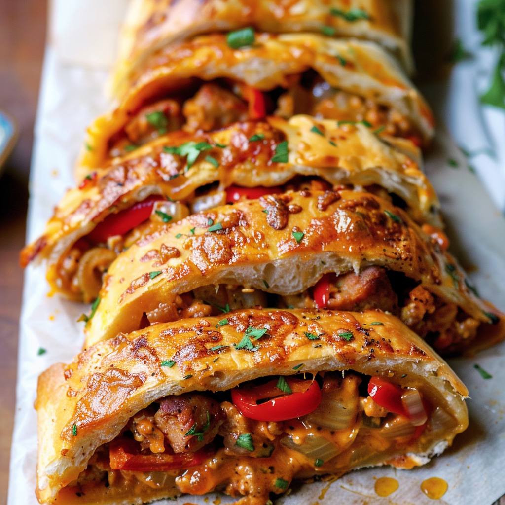 Sliced stromboli stuffed with sausage, peppers and onions on white surface
