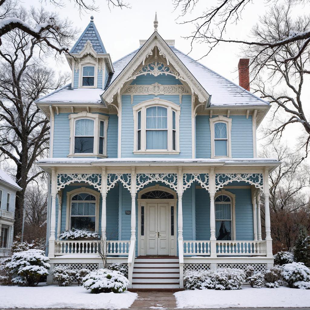 Light blue Victorian house with decorative trim in snowy winter setting
