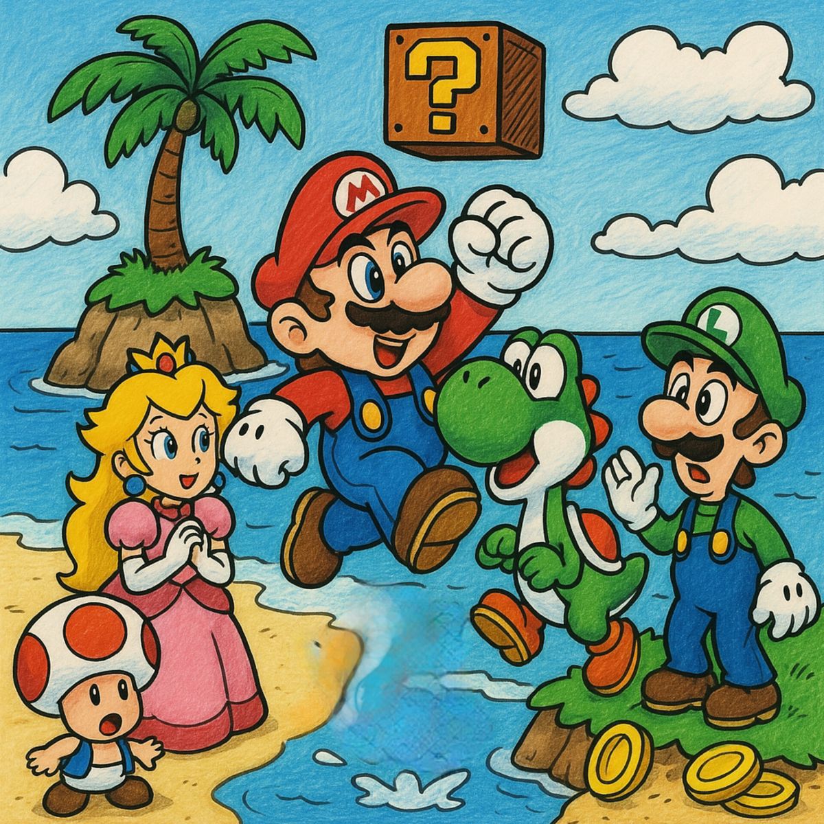 Cartoon of Mario, Luigi, Peach, Yoshi, and Toad on a sunny beach with ocean, clouds, and coins