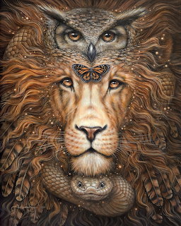 Mystical painting of a lion with an owl above, monarch butterfly on forehead, and snake below chin