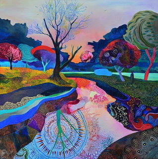 Vibrant fantasy landscape with colorful stylized trees, flowing river, and mandala patterns under a pink and blue sunset sky