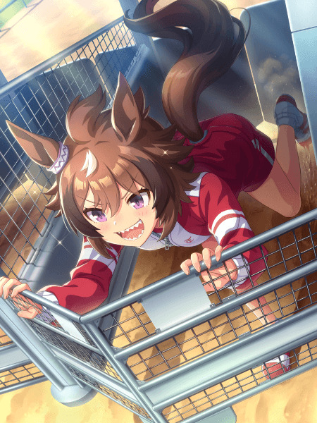 Anime horse girl with brown hair and ears climbing over metal railing, viewed from above, smiling energetically