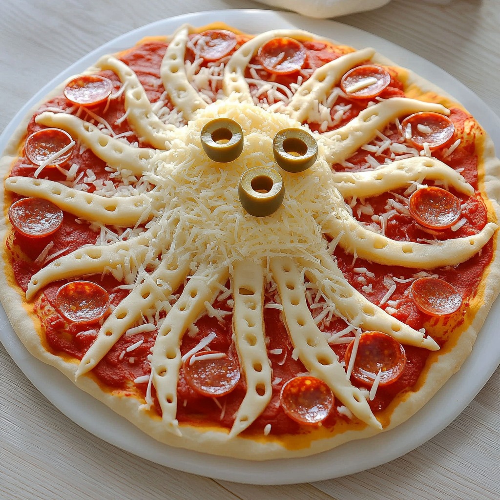 Pizza decorated like an octopus with cheese tentacles, pepperoni slices, and olive eyes