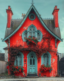 Bright red Gothic Revival house with turquoise door, ornate arched windows, decorative gables, and red ivy climbing the facade