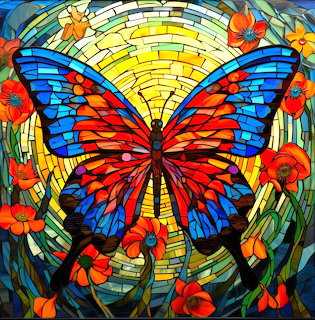 Colorful stained glass mosaic of a butterfly with blue and red wings among orange flowers on yellow radiating background
