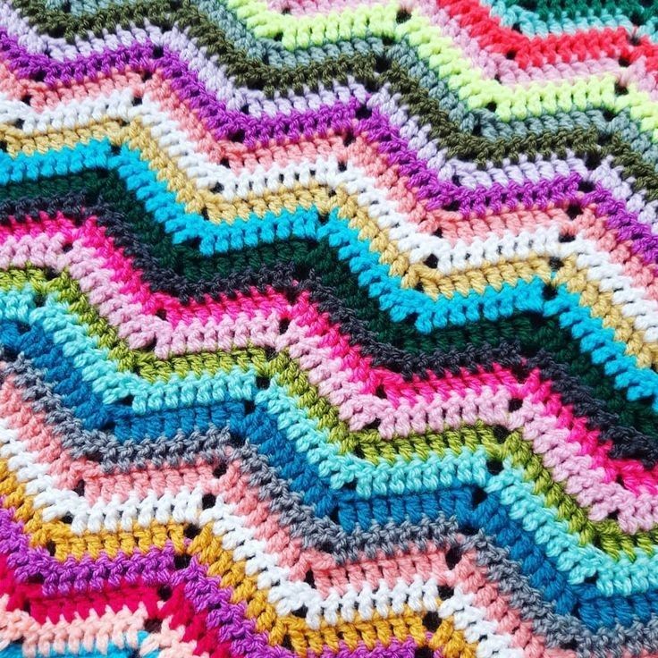 Close-up of colorful crocheted zigzag stripes in a chevron pattern