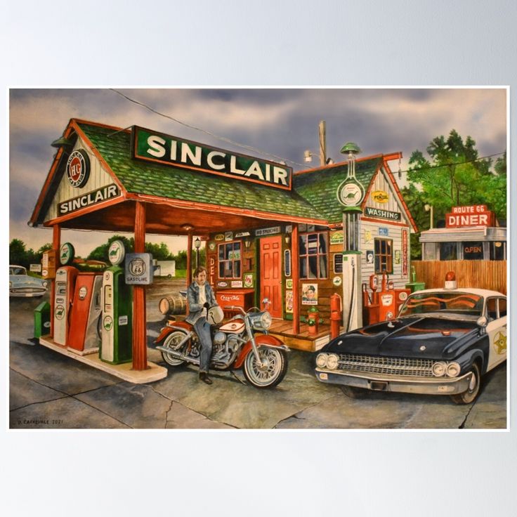 Vintage Sinclair gas station with old pumps, a motorcycle, and a classic car by a diner