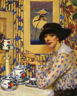 Painting of a woman seated at a table with a tea set, floral curtains, and a framed wall picture