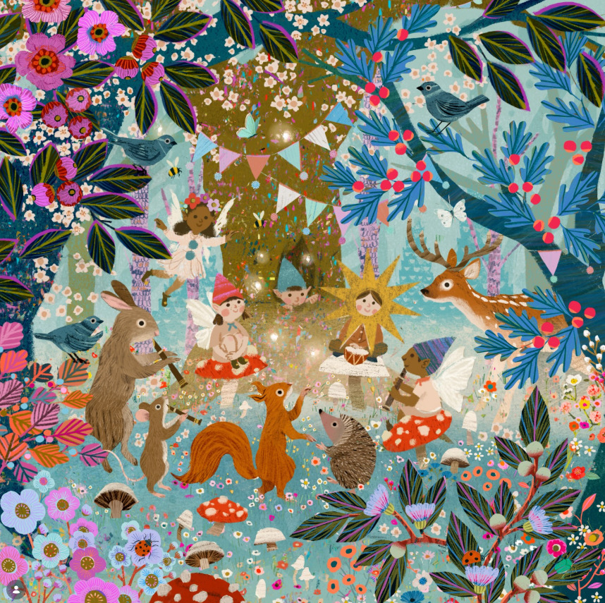 Illustrated woodland animals among colorful flowers and plants in folk art style