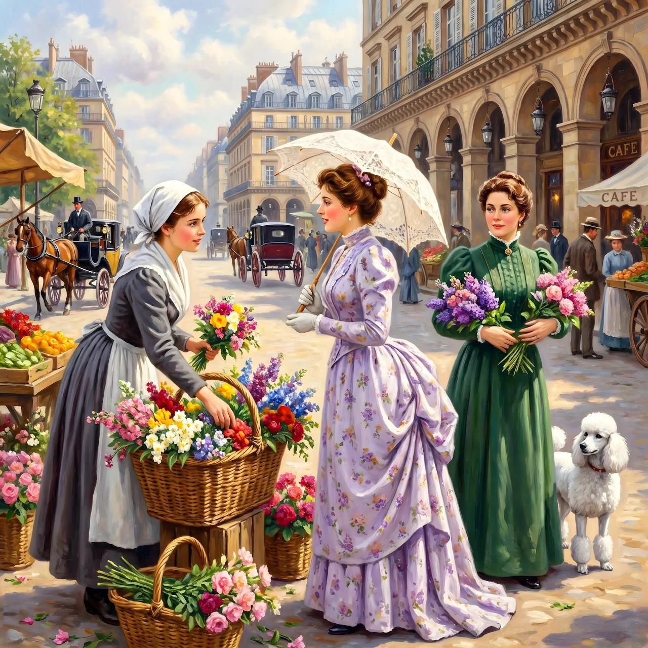 Victorian women in elaborate dresses shopping at a colorful flower market on a cobblestone street with classical buildings