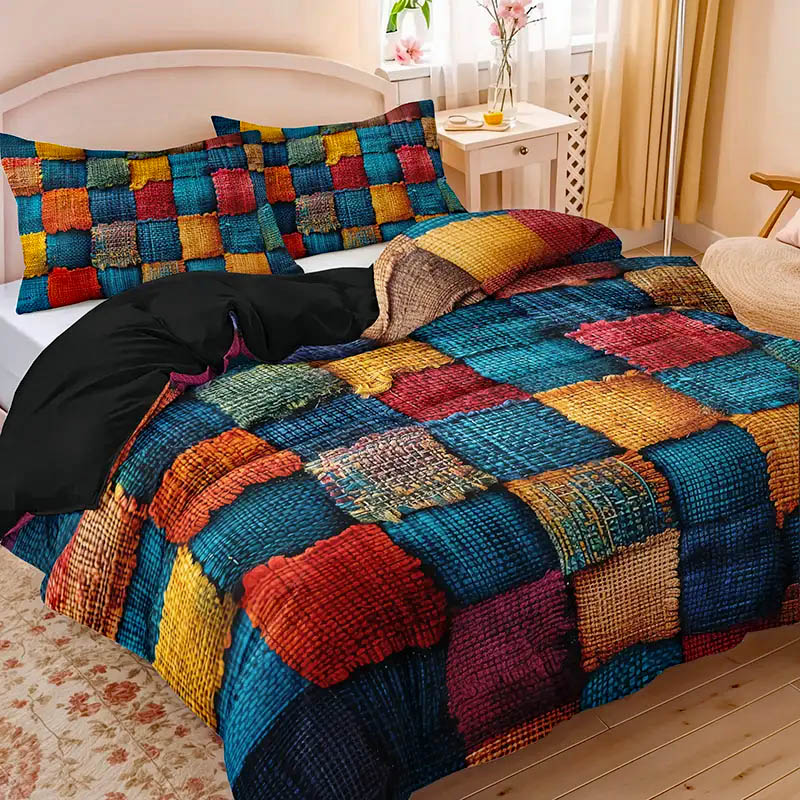 Colorful patchwork quilt with geometric squares in various colors on bed with matching pillow shams