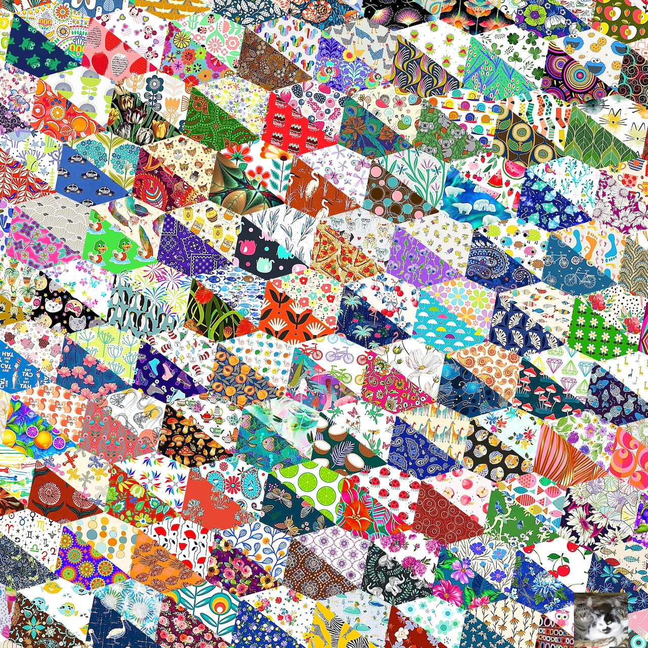 Colorful patchwork quilt made of triangular fabric pieces in assorted patterns and colors