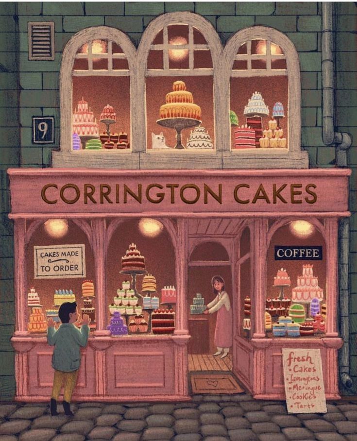 Illustration of a charming cake shop called Corrington Cakes with arched windows full of colorful cakes