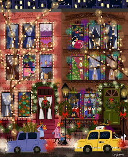Naive art illustration of apartment building with decorated windows at night and vintage cars