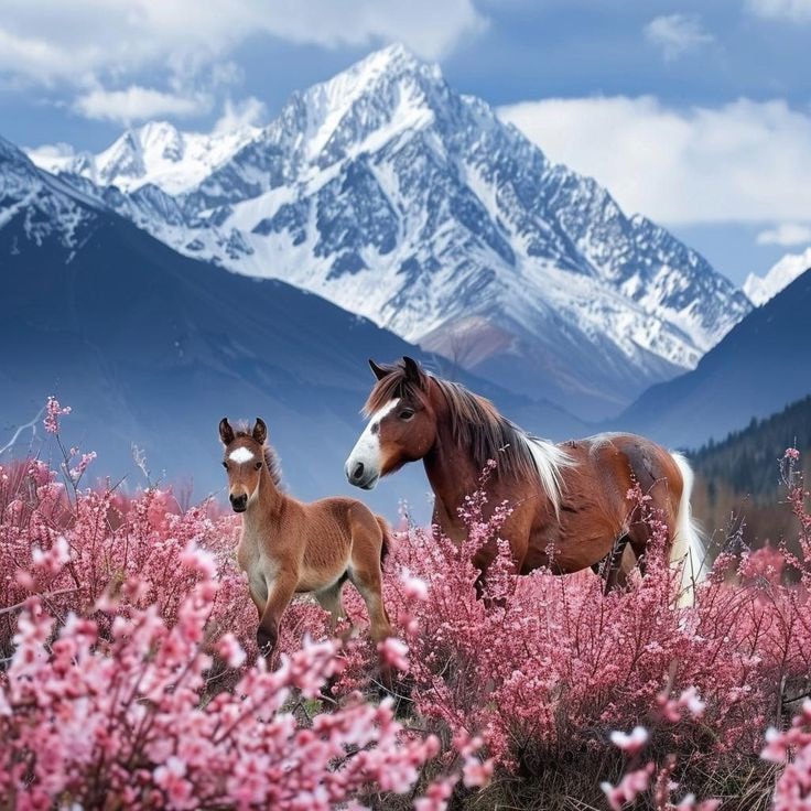 Two horses in pink blossoms with snowy mountains behind them
