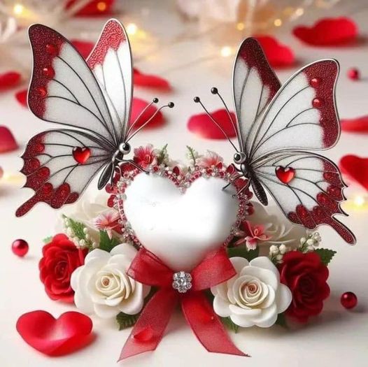 Heart-shaped frame with red butterflies, roses, and pearl decorations on white surface with scattered petals