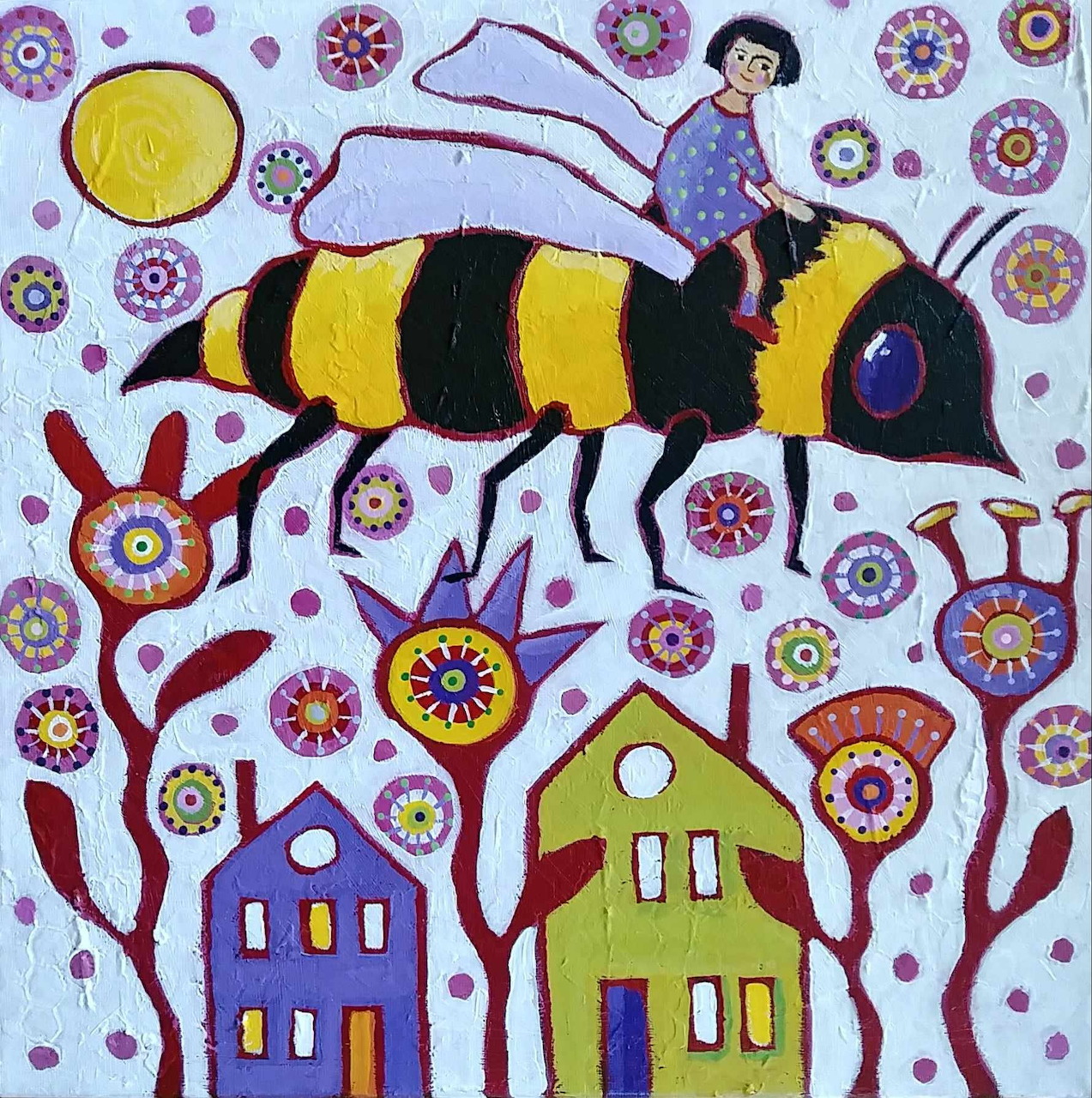 Folk art illustration of a woman riding a giant bumblebee above colorful houses and flowers