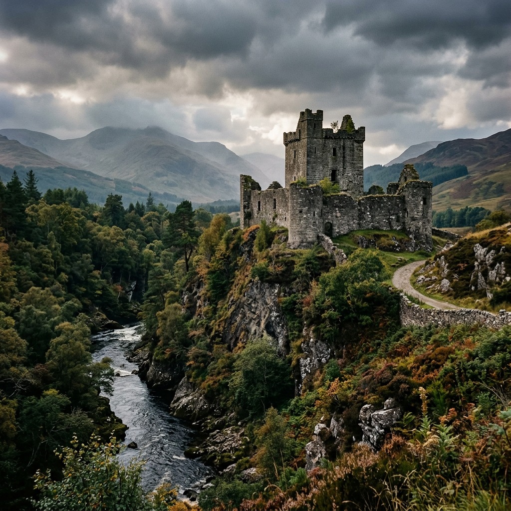 Medieval stone castle perched on rocky cliff above river with mountains and storm clouds in Scottish Highlands