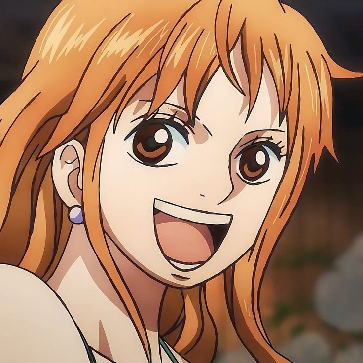 Anime girl with orange hair and brown eyes smiling happily