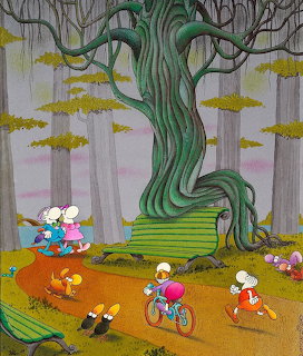 Children playing with toys and riding bikes under a large green tree in a stylized forest illustration