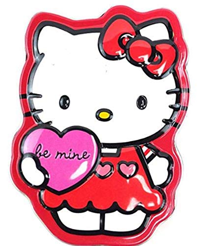 Hello Kitty wearing red dress and bow, holding pink heart that says 'be mine'