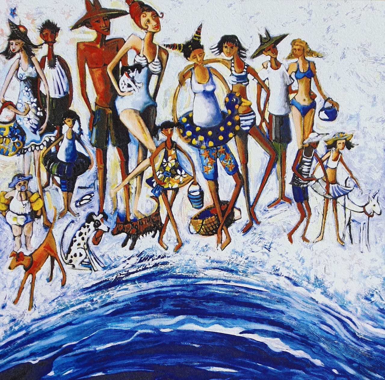 Stylized painting of people standing by the shoreline with blue waves and birds