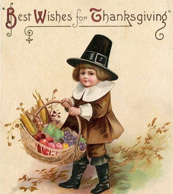 Vintage illustration of a pilgrim child holding a basket of harvest produce with Best Wishes for Thanksgiving text
