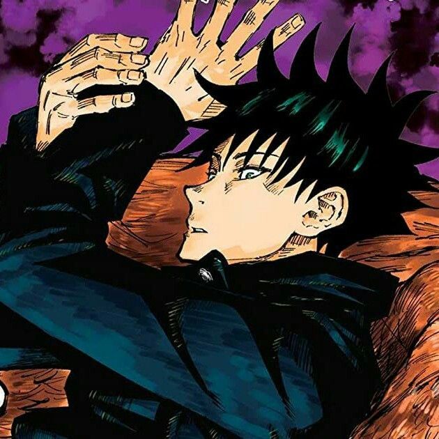 Anime boy with dark hair raising hand, purple and orange dramatic background with shadows