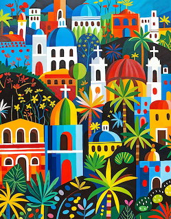 Colorful folk art painting of a Mexican town with churches, domes, palm trees, and tropical plants