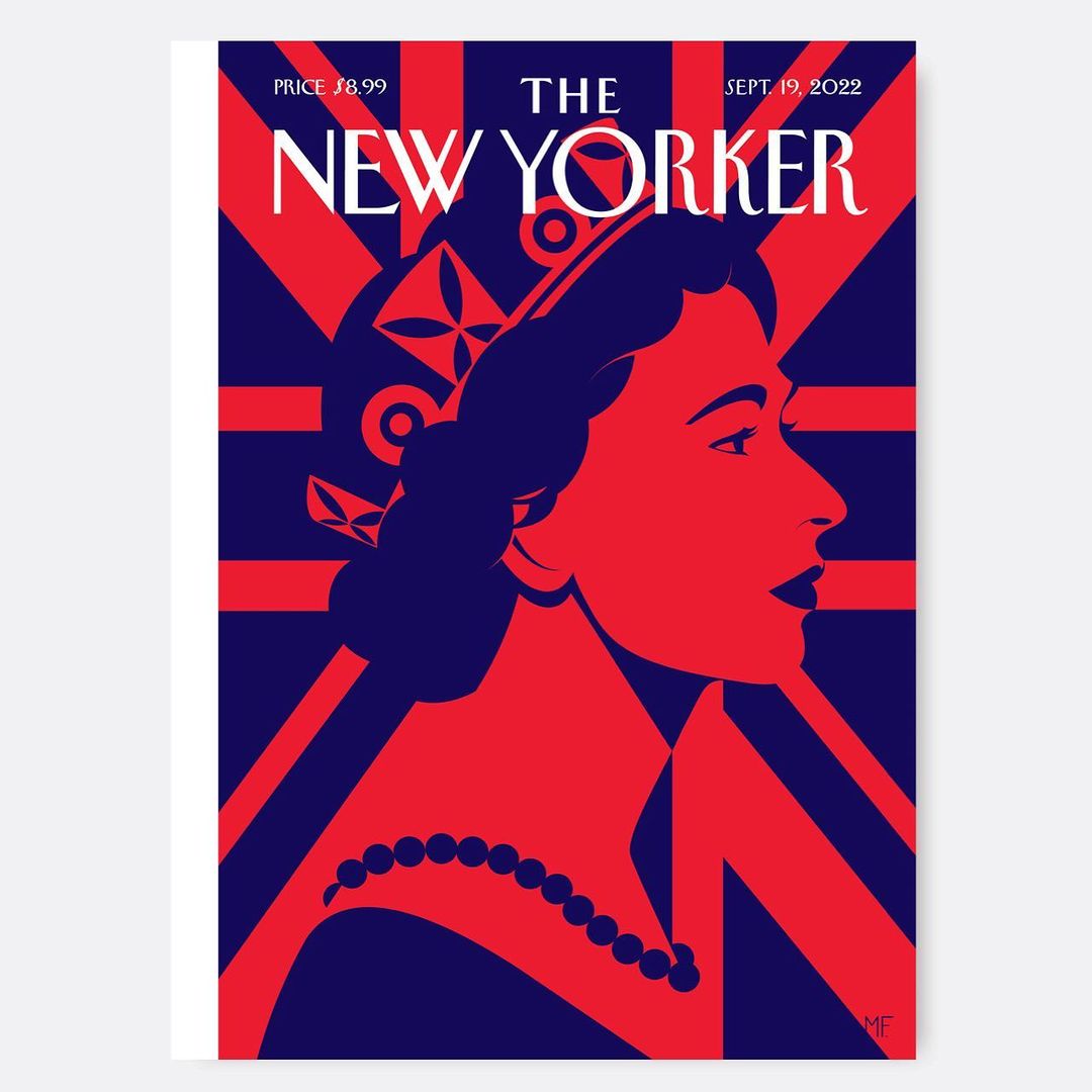 Red and navy illustration of a crowned woman in profile on a graphic magazine cover
