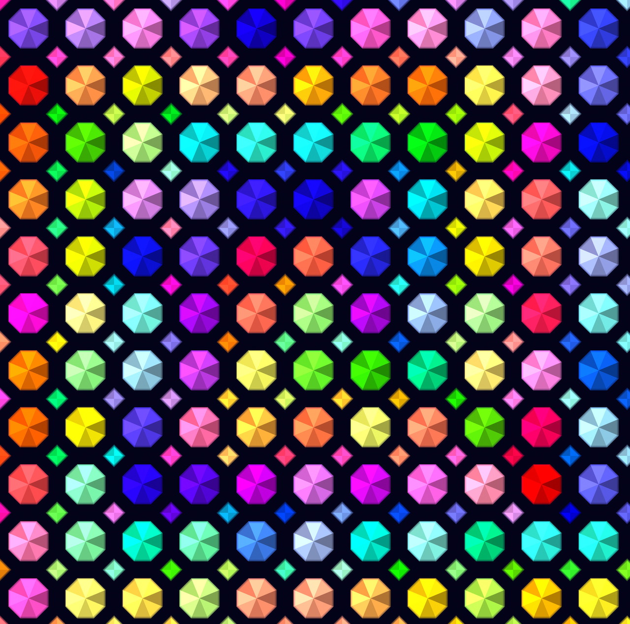 Colorful geometric mosaic pattern with repeating multicolored tiles on a dark background
