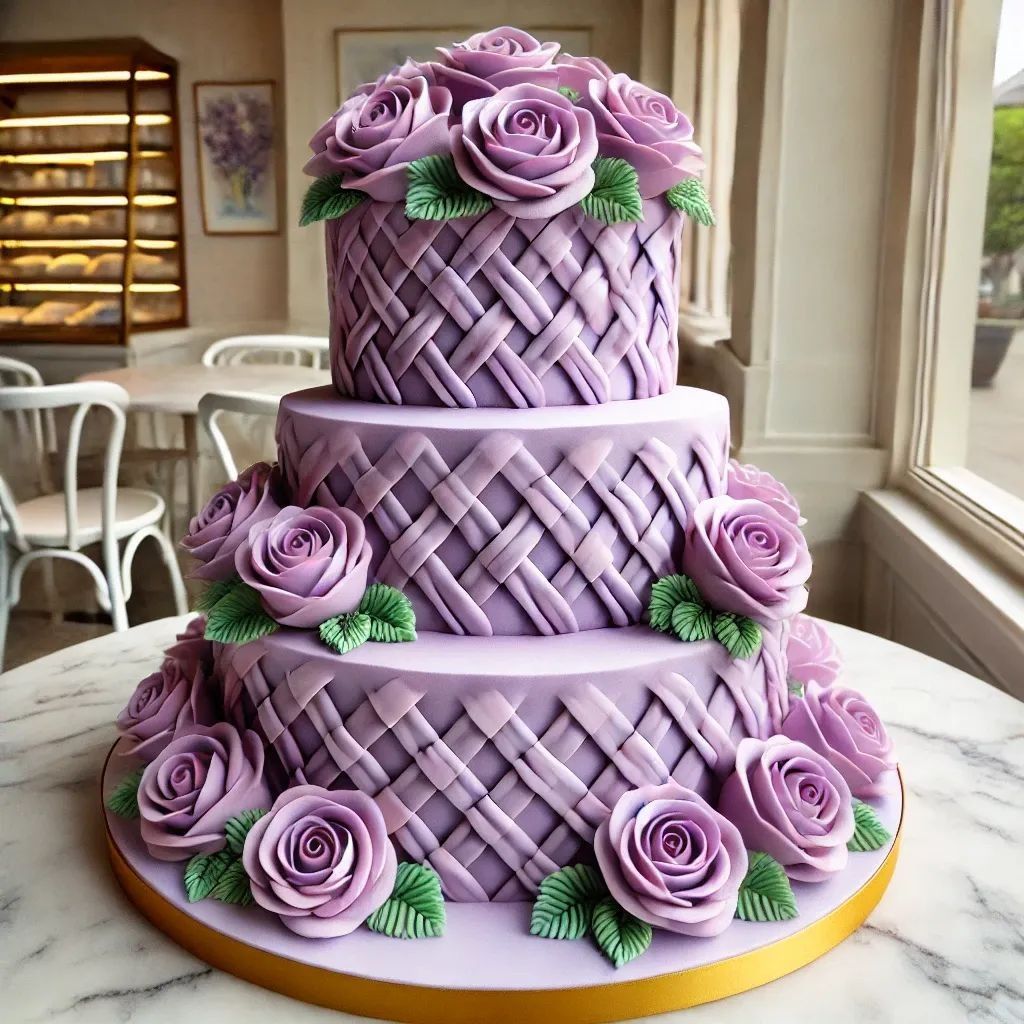 Three-tier purple basketweave cake decorated with lavender fondant roses and green leaves on a gold board