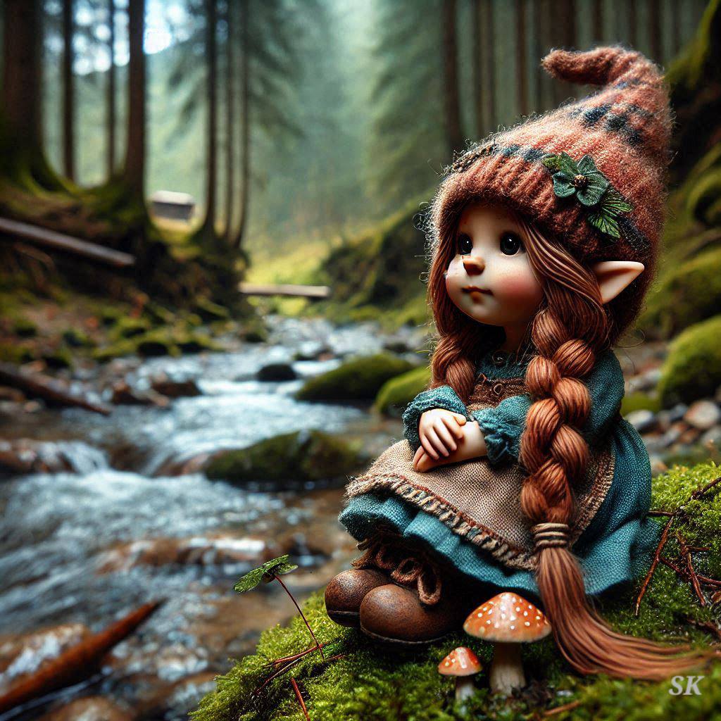 Cute fantasy gnome girl with orange braids and pointed hat in misty forest by stream
