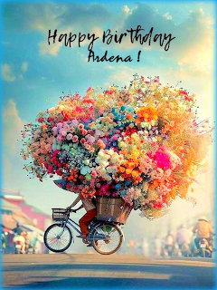 Bicycle carrying an enormous explosion of colorful flowers under a rainbow sky with Happy birthday Ardena text