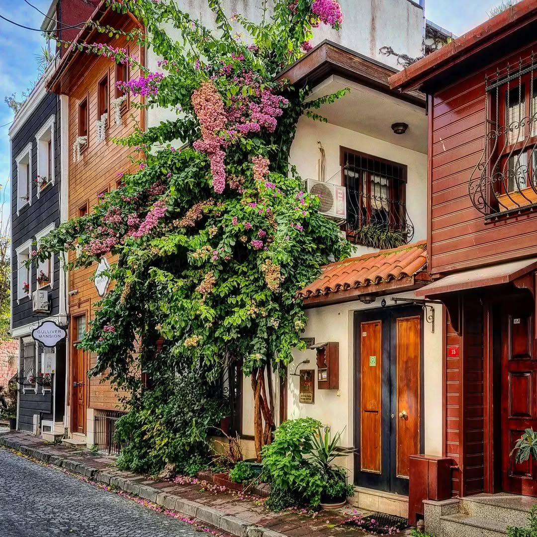 Traditional wooden houses with flowers on a cobblestone street in Istanbul