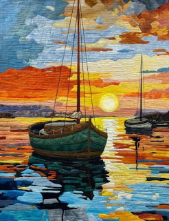 Quilted fabric art showing two sailboats on water at sunset with dramatic orange sky and reflections