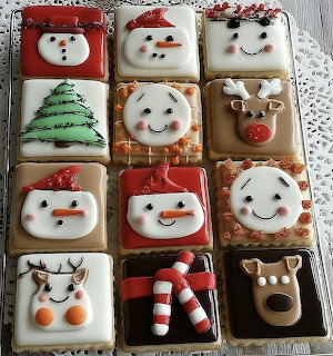 Grid of 12 decorated Christmas cookies with Santa, snowman, reindeer, tree, and candy cane designs